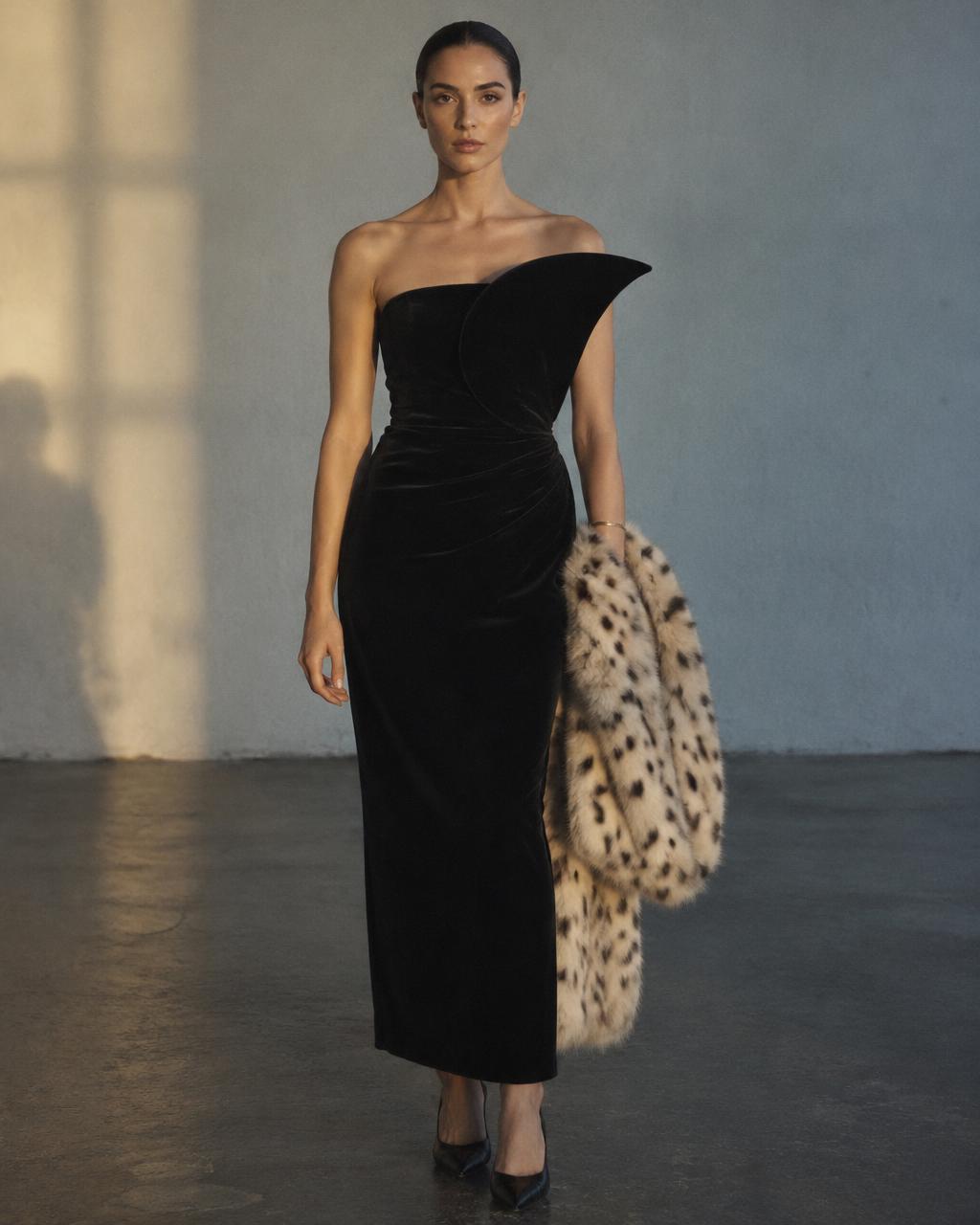 Velvet dress concept with a pointed bodice wing