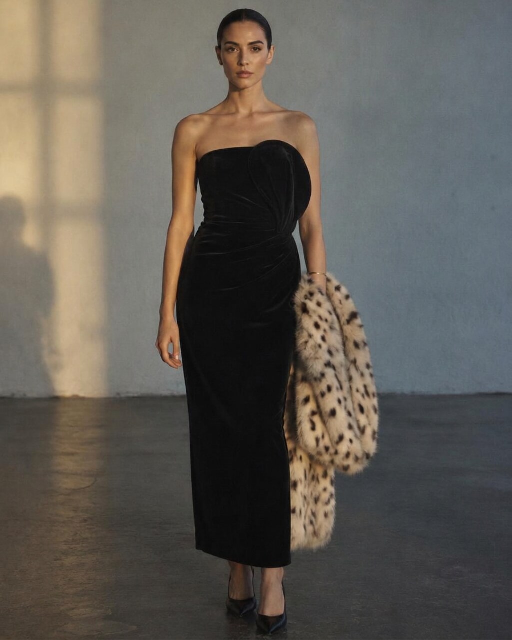 Velvet dress with a rounded bodice fold